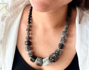 Black Statement Necklace, Chunky Bead Necklace, Agate Inspired Jewelry, Geometric Necklace, Bold Fashion Jewelry Gift for Her