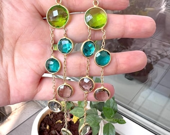 Multicolor Gemstone Dangle Earrings, Boho Long Statement Earrings, Gold Chain Chandelier Earrings, Colorful Drop Earrings, Festival Jewelry