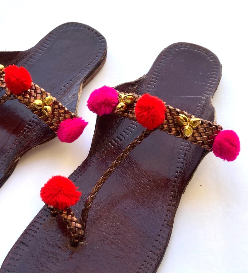 Boho Style Women's Leather Indian Sandals, Kolhapuri Pom Pom Balls T Strap Sandals, Copper Flat Handmade Slip Ons, Summer Flip Flops image 4