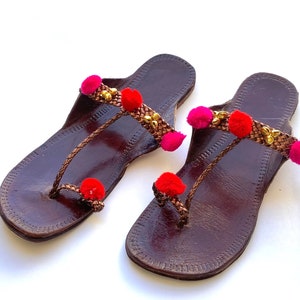 Boho Style Women's Leather Indian Sandals, Kolhapuri Pom Pom Balls T Strap Sandals, Copper Flat Handmade Slip Ons, Summer Flip Flops image 5