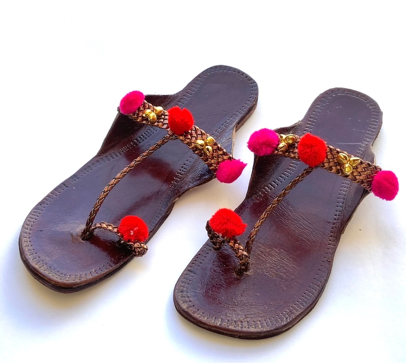 Boho Style Women's Leather Indian Sandals, Kolhapuri Pom Pom Balls T Strap Sandals, Copper Flat Handmade Slip Ons, Summer Flip Flops image 5