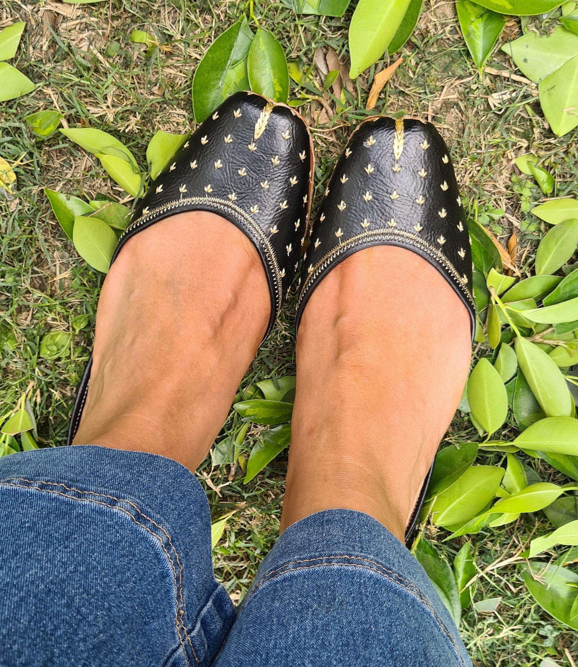 Women's Black Leather Ballet Flat Shoes with Gold Delicate Embroidery, Every Day Wear Slip Ons, Casual Shoes Khussa