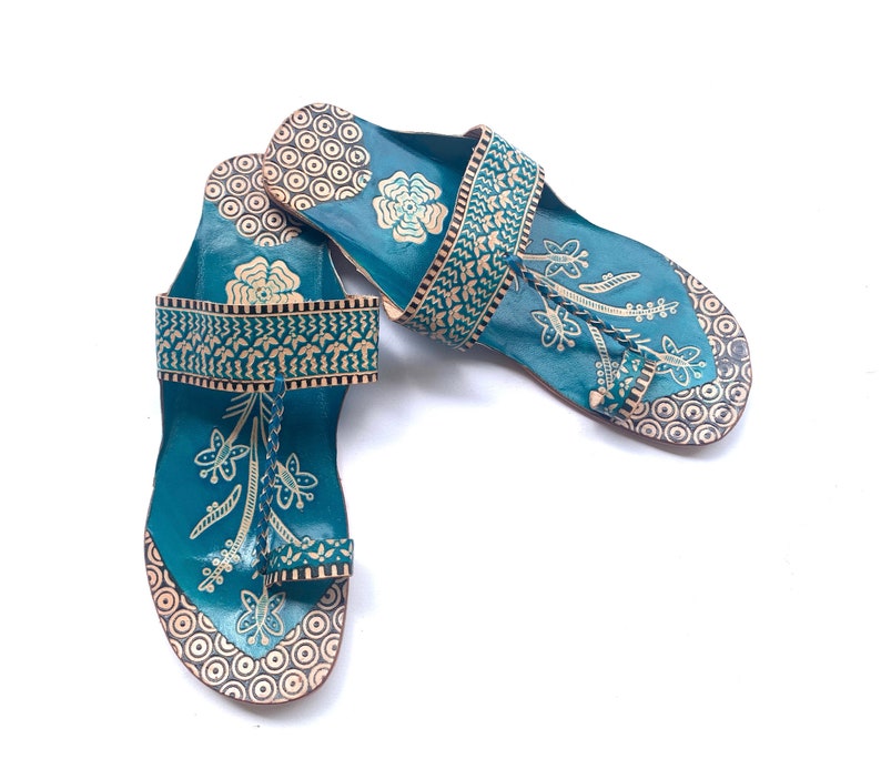 Blue Lotus Leather Women's Flat Sandals, Flip Flops, Slip Ons, Summer Gift for her Shoes Ethnic Indian Boho Style Handmade image 3