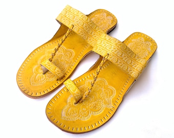 Boho Style Lemon Yellow Women's Handmade Slip Ons Sandals, Leather Flip Flops, Ethnic Indian Flat Shoes, Summer Sandals, Gift for her