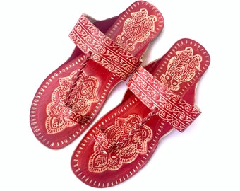 Lava Red Boho Style Leather Women's Flat T Strap Sandals, Flip Flops, Slip Ons, Gift for her Shoes Ethnic Indian Handmade