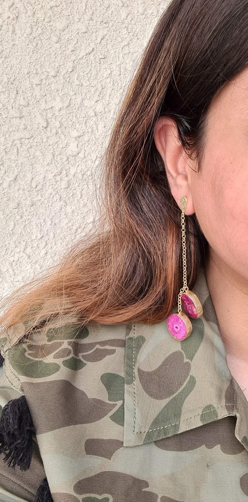 Gift for Mom, Long Pink Statement Dangle Earrings, Natural Agate Earrings, Beach Fashion Earrings for Women image 6