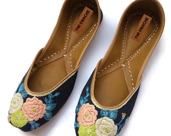 Women’s Hand Embroidered Floral Ballet Flats, Blue Boho Slip On Shoes, Artisan Designer Flats, Everyday Statement Footwear Jutti Khussa