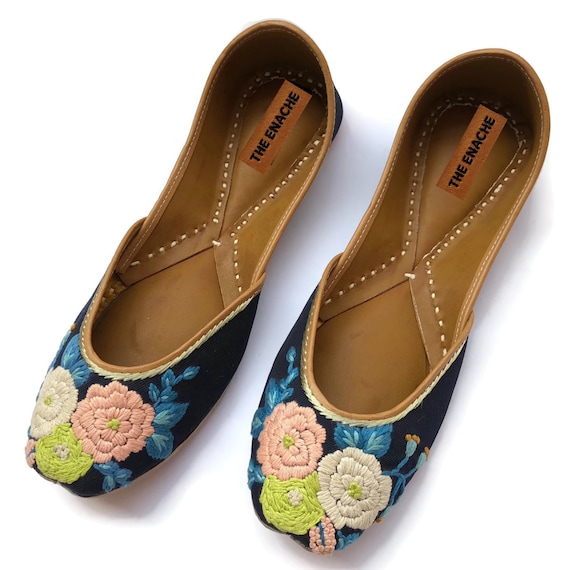 Women’s Hand Embroidered Floral Ballet Flats, Blue Boho Slip On Shoes, Artisan Designer Flats, Everyday Statement Footwear Jutti Khussa