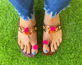 Handmade Leather Kolhapuri Sandals, T-Strap Pom Pom, Boho Summer Flats