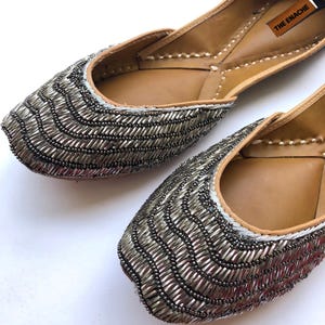 Gunmetal gray beaded ballet flats with textured sequins, handcrafted luxury party shoes for women