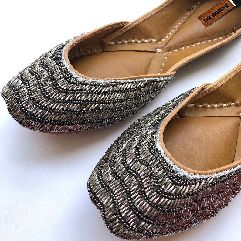 Gunmetal gray beaded ballet flats with textured sequins, handcrafted luxury party shoes for women
