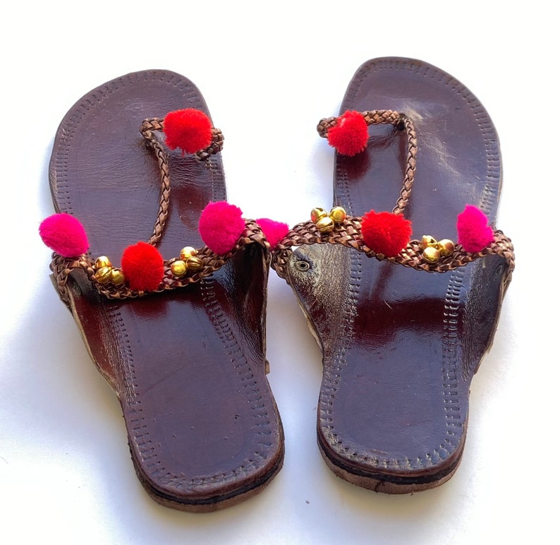 Boho Style Women's Leather Indian Sandals, Kolhapuri Pom Pom Balls T Strap Sandals, Copper Flat Handmade Slip Ons, Summer Flip Flops image 3