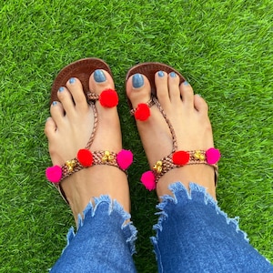 Boho Style Women&#39;s Leather Indian Sandals - Kolhapuri T Strap with Pom Pom Balls, Copper Flat Handmade Slip-Ons, Summer Flip Flops