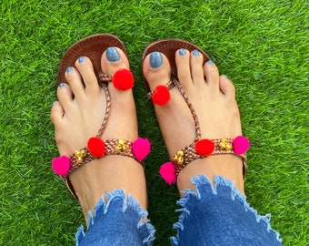 Boho Style Women's Leather Indian Sandals, Kolhapuri Pom Pom Balls T Strap Sandals, Copper Flat Handmade Slip Ons, Summer Flip Flops
