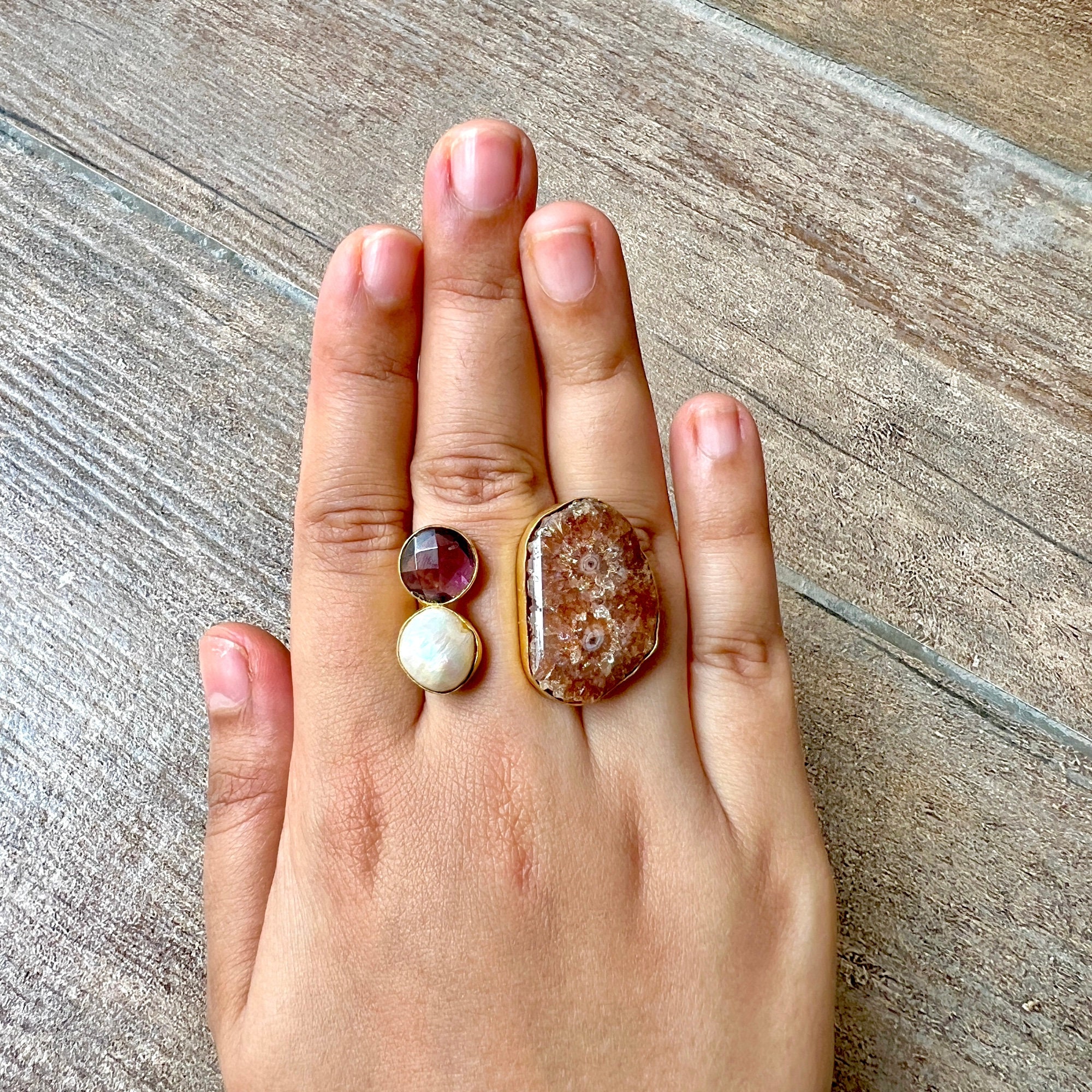 Bague En Tranches D'Agate Et Géode - Plaqué Or Rose, Réglable, Taille 75, Neuve