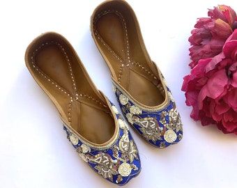 Intricately Handcrafted Women's Blue & Silver Bridal Ballet Flat Shoes, Bird Wedding Shoes, Slip Ons, Comfortable Shoes, Ethnic Indian