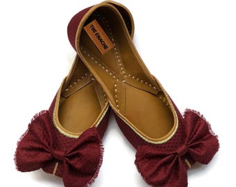 Burgundy Red Bow Ballet Flats for Women, Handcrafted Leather Dressy Flats for Outdoor & Destination Weddings