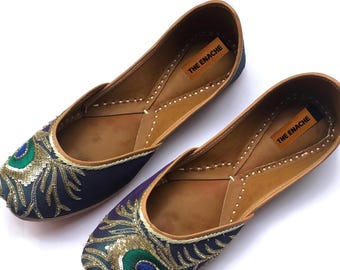 Navy Blue Peacock Bridal Flats for Women, Handmade Wedding Ballet Shoes with Gold Embroidery, Comfortable Bride Flats