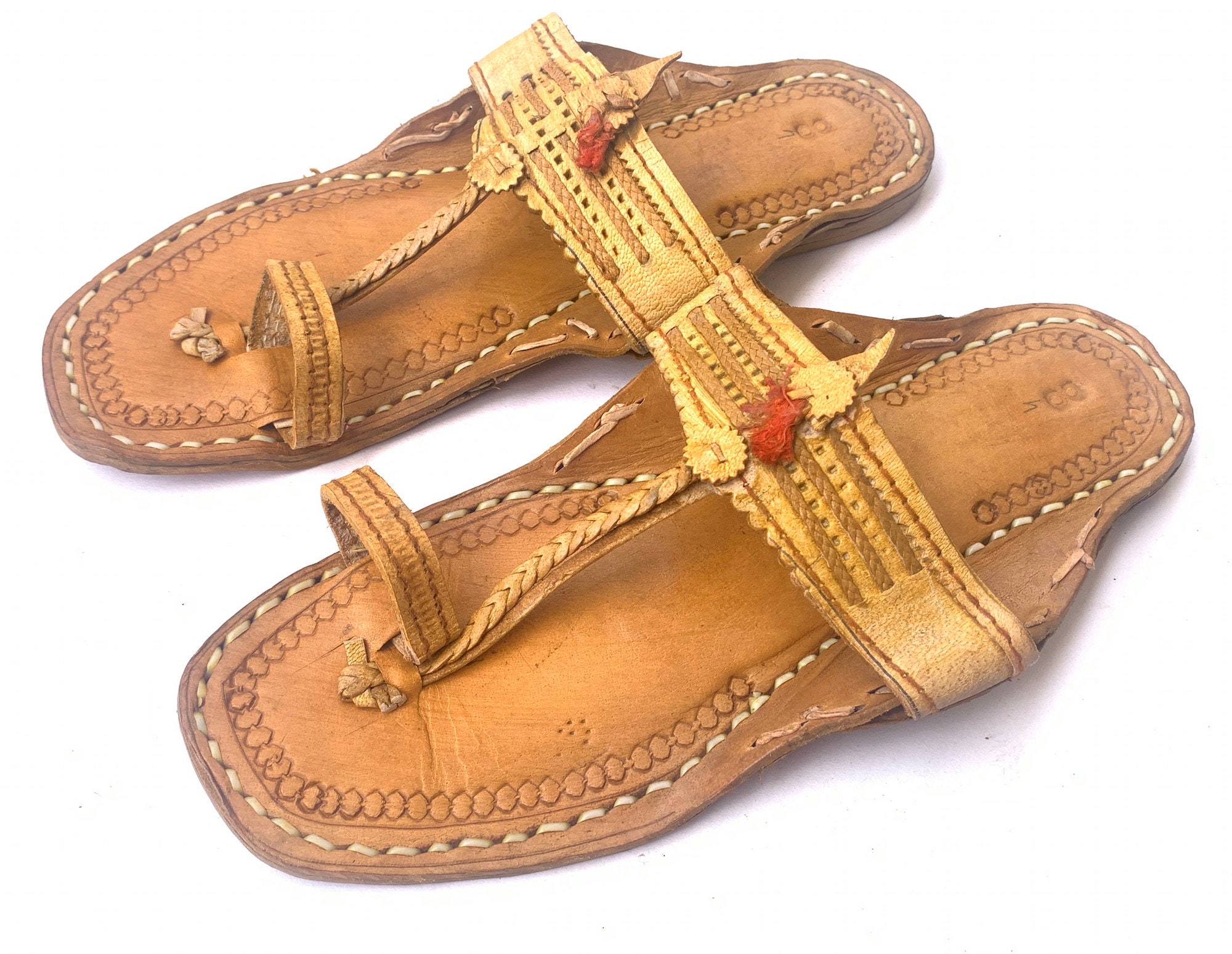 Mens Natural Brown Leather Flat Kolhapuri Sandals, T Strap Boho Style