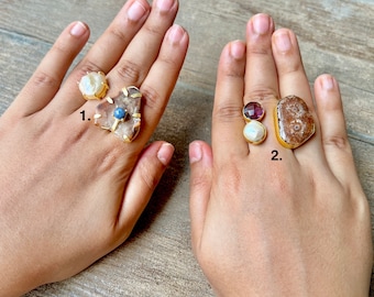 Brown Agate Ring, Pearl Ring, Gemstone Chunky Statement Ring, Adjustable Ring, Big Rings, Cocktail Ring, Boho Style Jewelry