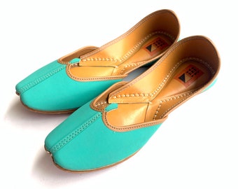 Vibrant Turquoise Blue Leather Womens Ballet Flat Slip On Shoes, Khussa Indian Shoes, Every Day Comfort Wear, Mojaris or Juttis