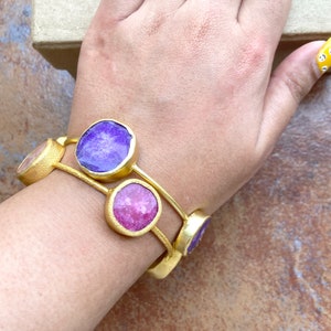 Set of 2 Purple Pink Agate Gold Bangle Bracelet for Women - Gemstone Jewelry