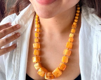 Chunky Yellow Amber Necklace, Honey Orange Statement Jewelry, Baltic Amber Inspired Beaded Necklace, Resort Wear Fashion