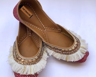 Boho Fringe Flats for Women, Tribal Designer Ballet Shoes, Handmade Bohemian Statement Slip On, Unique Festival & Wedding Guest Footwear