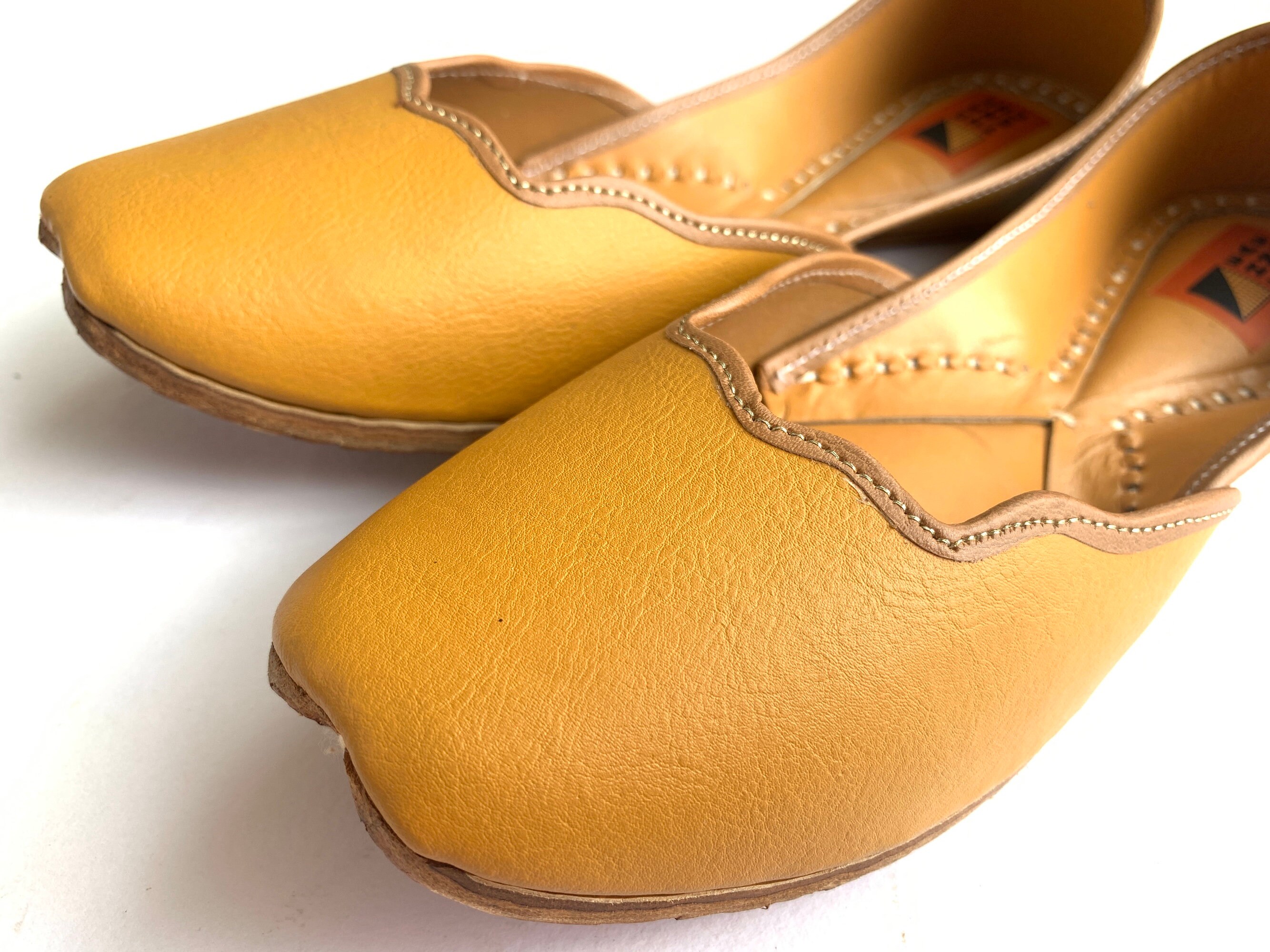 Mustard Yellow Leather Womens Ballet Shoes, Flat Slip Ons, Khussa