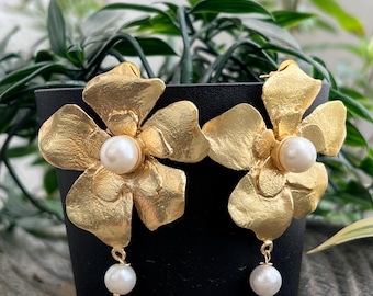 Gold Pearl Flower Statement Earrings, Oversized Floral Studs, Large Earrings, Handmade Boho Jewelry, Bold Wedding Earrings, Gift for Her