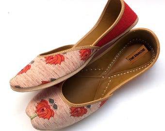 Women’s Floral Boho Ballet Flats, Red & Peach Lotus Fabric Slip On Shoes, Handcrafted Indian Leather Flats, Casual Everyday Khussa