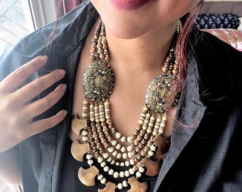 Chunky Wooden Beaded Bib Necklace – Tibetan Boho Chunky Statement Jewelry