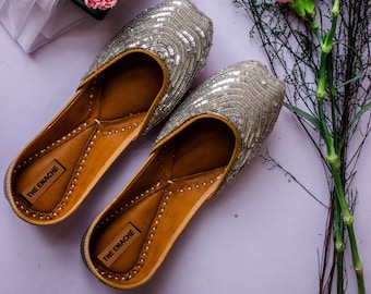 Silver Sequin Bridal Ballet Flats for Women, Glitter Wedding Shoes, Comfortable White & Silver Wedding Flats, Indian Khussa Juttis