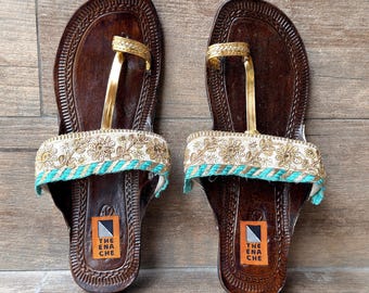 Boho T Strap Sandals Women, Blue Gold Floral Sandals, Handmade Leather Sandals, Embroidered Kolhapuri Sandals, Indian Footwear