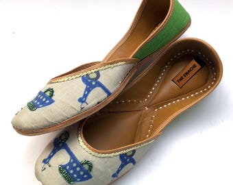 Women’s Boho Green Embroidered Ballet Flats, Scooter Print Slip Ons, Handcrafted Beaded Fabric Flats, Casual Statement Shoes Jutti Khussa
