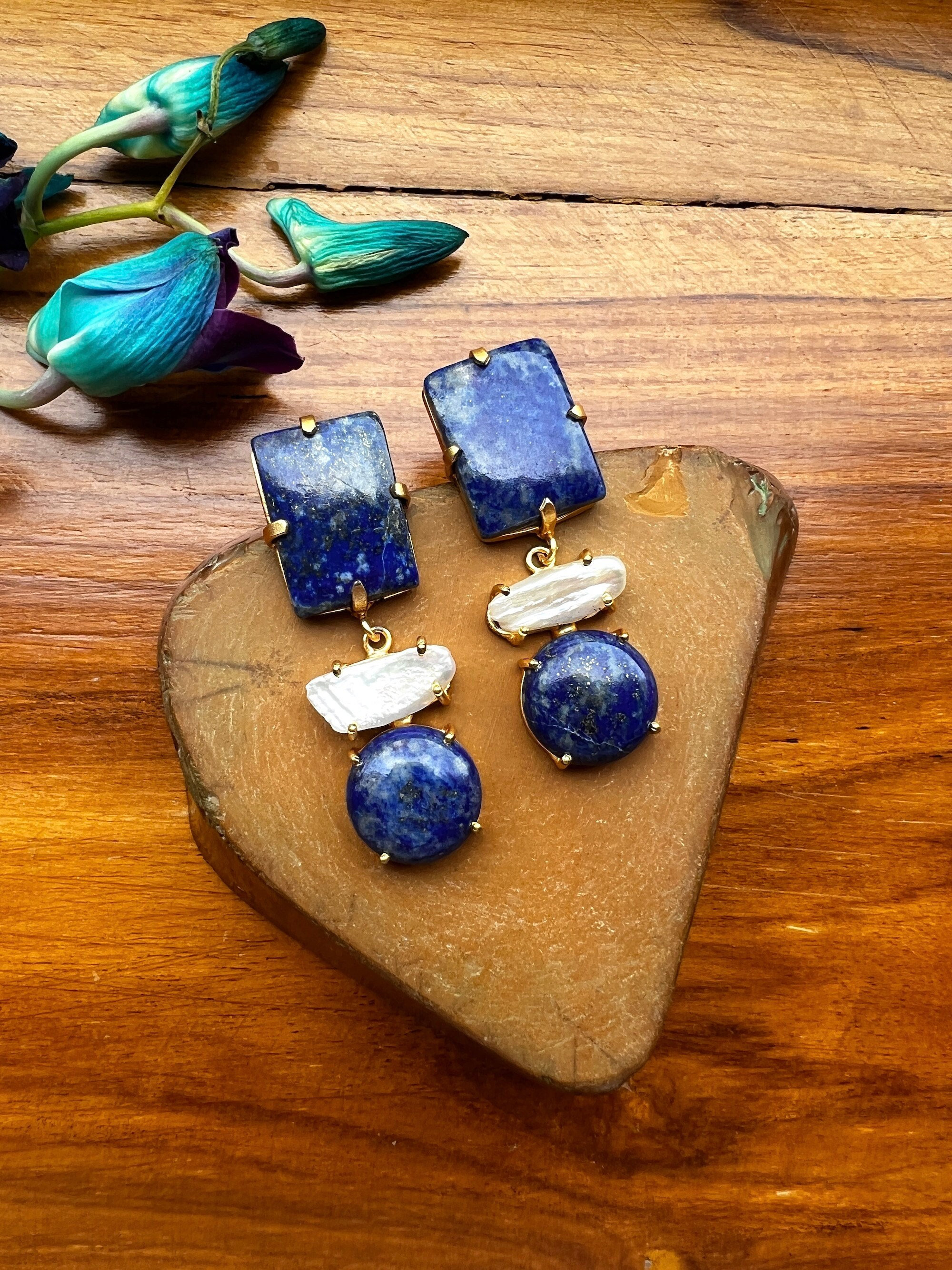 Navy Blue Lapis Lazuli Dangle Drop Earrings for Women, Freshwater Pearls Statement Earrings for her, Gemstone Earrings