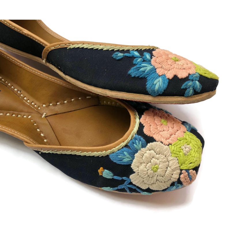 Hand embroidered floral ballet flats for women in blue fabric with pastel flowers, artisan handmade slip on shoes