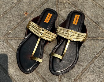 Gold Indian Ethnic Kolhapuri T Strap Boho Style Leather Women's Flat Sandals, Handmade Slip Ons Flip Flops Summer Gift for her Shoes
