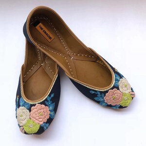 Hand embroidered floral ballet flats for women in blue fabric with pastel flowers, artisan handmade slip on shoes