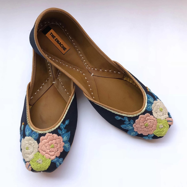 Hand embroidered floral ballet flats for women in blue fabric with pastel flowers, artisan handmade slip on shoes
