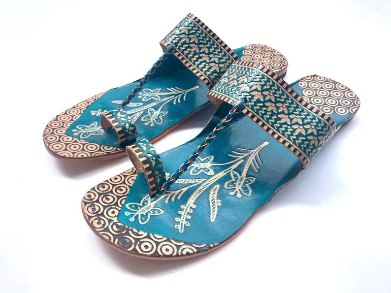 Blue Lotus Leather Women's Flat Sandals, Flip Flops, Slip Ons, Summer Gift for her Shoes Ethnic Indian Boho Style Handmade image 2