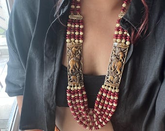 Boho Bohemian Jewelry with Carved Elephant and Lion Motifs – Multi-Strand Long Necklace with Red/Maroon Beads, Ethnic Jewelry for Women