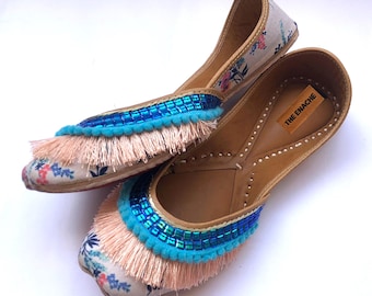 Boho Floral Ballet Flats for Women, Handmade Leather Slip On Shoes with Blue Sequins & Fringe, Wedding Guest Resort Wear Khussa Shoe