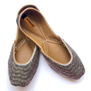 Gunmetal gray beaded ballet flats with textured sequins, handcrafted luxury party shoes for women