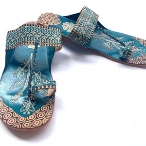 Blue Lotus Leather Women's Flat Sandals, Flip Flops, Slip Ons, Summer Gift for her Shoes Ethnic Indian Boho Style Handmade image 4