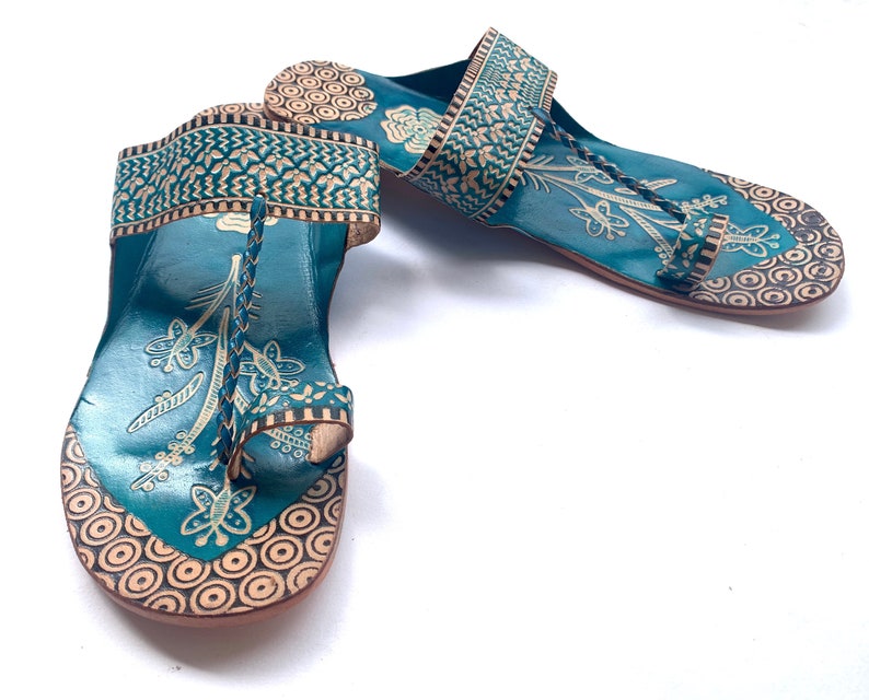 Blue Lotus Leather Women's Flat Sandals, Flip Flops, Slip Ons, Summer Gift for her Shoes Ethnic Indian Boho Style Handmade image 4