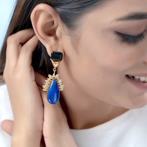 Tear Drop Blue Lapis Statement Earrings with Zircon and Black Onyx, Natural Gemstone Dangle Earrings, Indian Earrings image 7