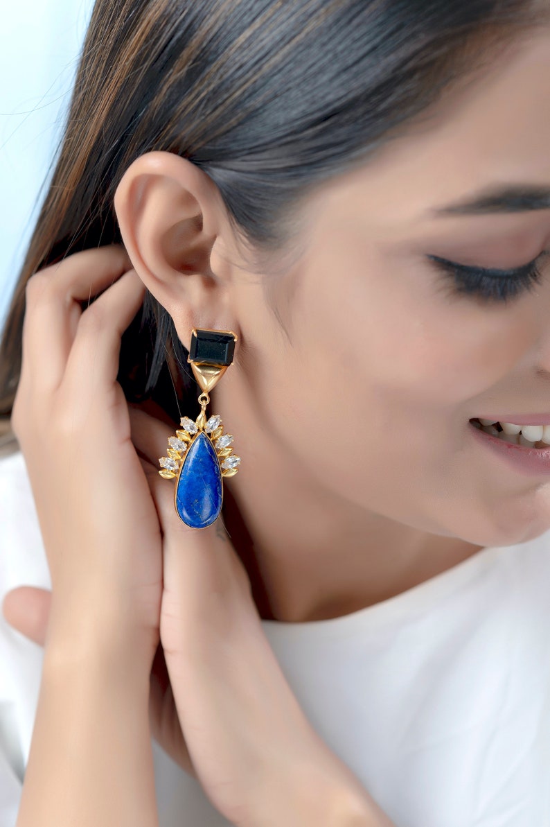 Tear Drop Blue Lapis Statement Earrings with Zircon and Black Onyx, Natural Gemstone Dangle Earrings, Indian Earrings image 7