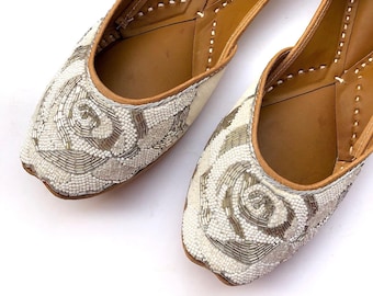 Bridal Ballet Flats for Wedding – White Pearl & Silver Sequin Flats, Comfortable Wedding Shoes, Bridal Reception Flats, Indian Khussa Juttis