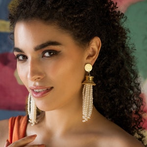 Unique White Pearl Beaded Boho Wedding Statement Tassel Earrings, Long Chunky Dangle Chandelier Earrings, Gemstone Earrings